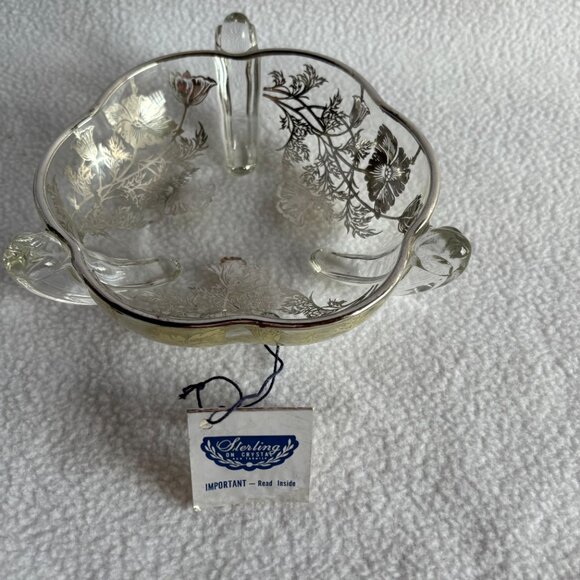 Flanders Poppy Sterling Silver on Clear Glass 3-Handled Dish - Picture 10 of 15